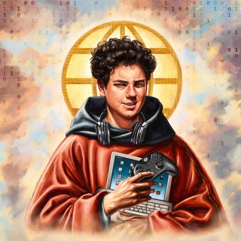 Portrait numérique de Carlo Acutis, futur saint millénariste, tenant une manette, un clavier et une tablette