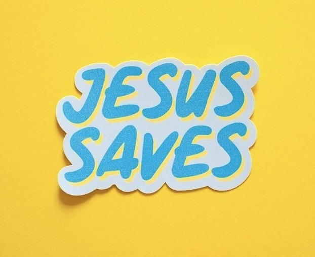 Sticker chrétien “Jesus Saves” bleu sur fond jaune, symbole de foi et de salut