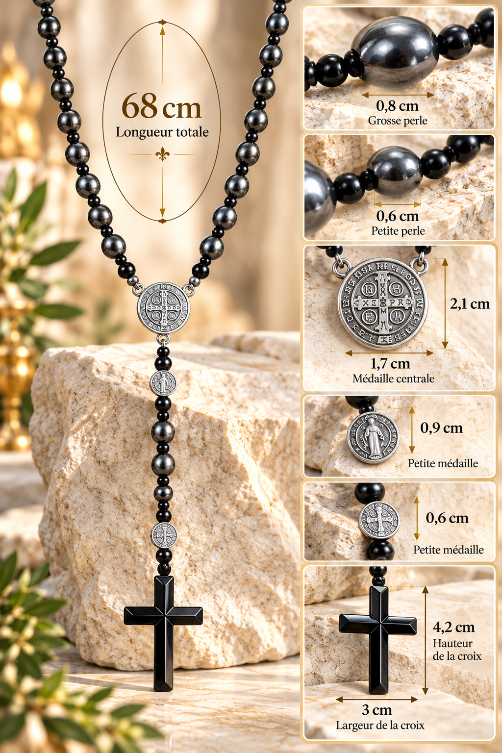 Infographie du chapelet Saint-Benoît noir présentant sa longueur de 68 cm et les dimensions de ses principaux éléments.